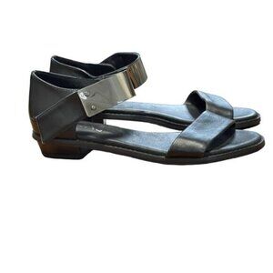 Midas Black Leather Sandals With‎ Silver Metal Ankle Strap Size 39-8